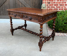 Load image into Gallery viewer, Antique French Desk Table Renaissance Revival Barley Twist Carved Oak 2 Drawers