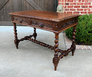 Antique French Desk Table Renaissance Revival Barley Twist Carved Oak 2 Drawers