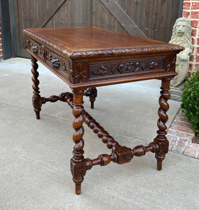 Antique French Desk Table Renaissance Revival Barley Twist Carved Oak 2 Drawers