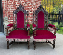 Load image into Gallery viewer, Antique French PAIR Arm Chairs Fireside Throne Chairs LARGE Red Upholstery 19thC