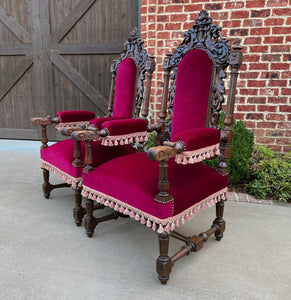 Antique French PAIR Arm Chairs Fireside Throne Chairs LARGE Red Upholstery 19thC