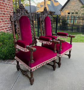 Antique French PAIR Arm Chairs Fireside Throne Chairs LARGE Red Upholstery 19thC