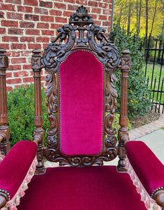 Antique French PAIR Arm Chairs Fireside Throne Chairs LARGE Red Upholstery 19thC