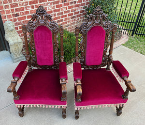 Antique French PAIR Arm Chairs Fireside Throne Chairs LARGE Red Upholstery 19thC