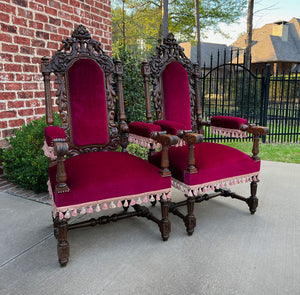 Antique French PAIR Arm Chairs Fireside Throne Chairs LARGE Red Upholstery 19thC