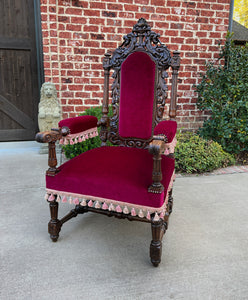 Antique French PAIR Arm Chairs Fireside Throne Chairs LARGE Red Upholstery 19thC