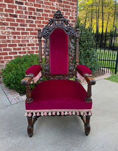 Antique French PAIR Arm Chairs Fireside Throne Chairs LARGE Red Upholstery 19thC