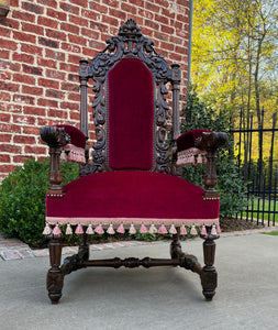 Antique French PAIR Arm Chairs Fireside Throne Chairs LARGE Red Upholstery 19thC