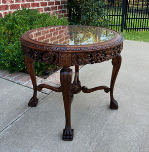 Antique French ROUND End Table Occasional Bed Table Caned Glass Top Walnut 19C