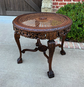 Antique French ROUND End Table Occasional Bed Table Caned Glass Top Walnut 19C