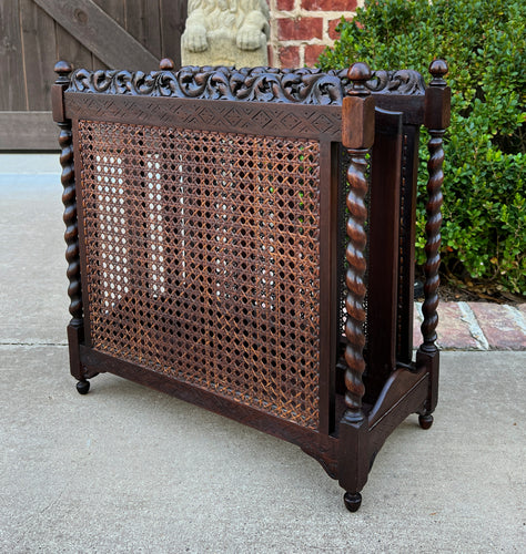 Antique French Magazine Book Rack Stand Bookcase Oak Barley Twist Caned