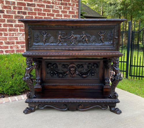 Antique French Sideboard Server Buffet Cherub Carved Oak Renaissance Drawer