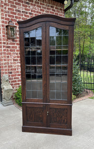 Antique English Bookcase Display Cabinet Leaded Glass Doors Bonnet Top Oak