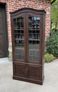 Antique English Bookcase Display Cabinet Leaded Glass Doors Bonnet Top Oak