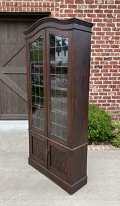 Antique English Bookcase Display Cabinet Leaded Glass Doors Bonnet Top Oak