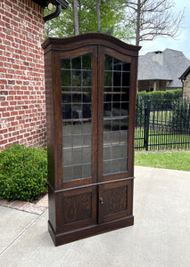 Antique English Bookcase Display Cabinet Leaded Glass Doors Bonnet Top Oak