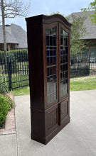 Load image into Gallery viewer, Antique English Bookcase Display Cabinet Leaded Glass Doors Bonnet Top Oak