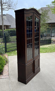 Antique English Bookcase Display Cabinet Leaded Glass Doors Bonnet Top Oak