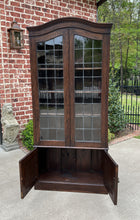 Load image into Gallery viewer, Antique English Bookcase Display Cabinet Leaded Glass Doors Bonnet Top Oak