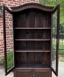 Antique English Bookcase Display Cabinet Leaded Glass Doors Bonnet Top Oak