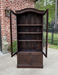 Antique English Bookcase Display Cabinet Leaded Glass Doors Bonnet Top Oak