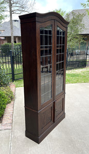 Antique English Bookcase Display Cabinet Leaded Glass Doors Bonnet Top Oak