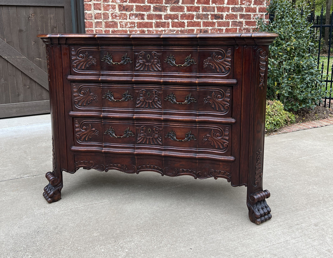 Antique French Chest of Drawers Cabinet 3-Drawer Serpentine Carved Oak w Key