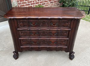 Antique French Chest of Drawers Cabinet 3-Drawer Serpentine Carved Oak w Key