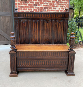 Antique French Bench Settee Gothic Revival Oak Lift Top Seat Storage Trunk 19C