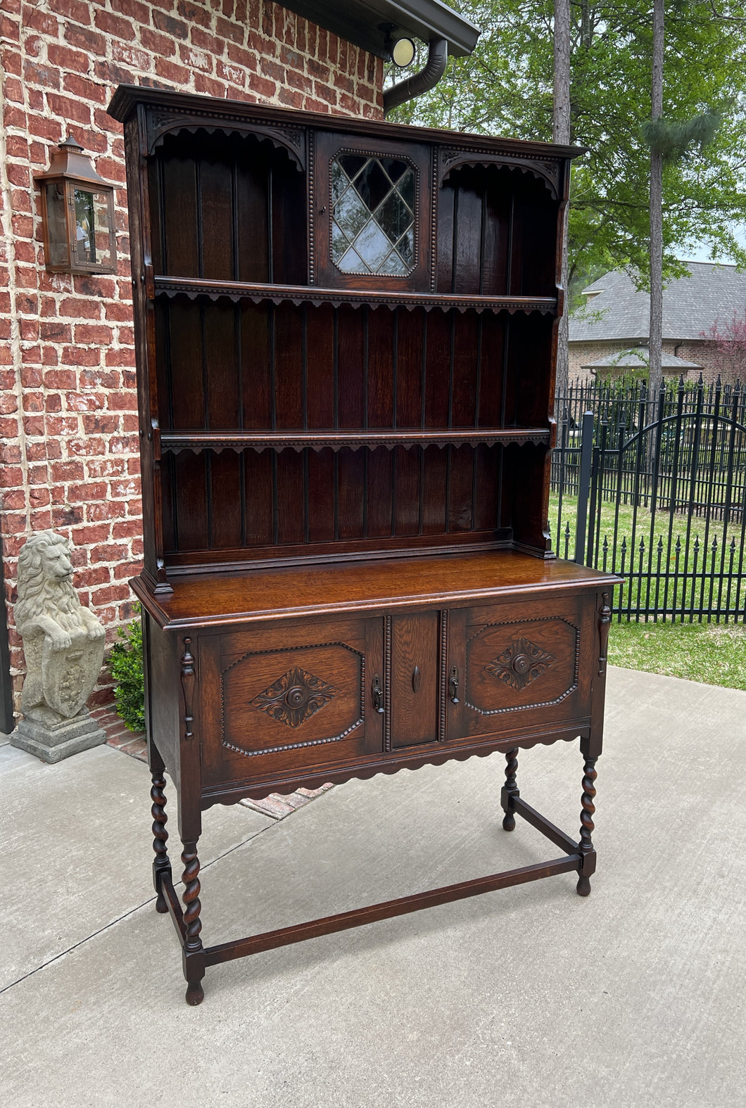 Antique English Welsh Dresser Buffet Sideboard Jacobean Barley Twist Oak Cabinet