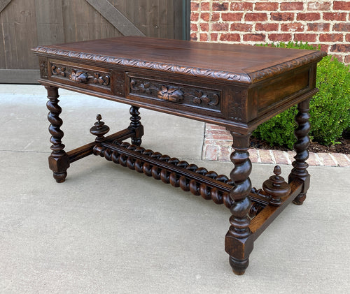 Antique French Desk Table with Drawers Oak BARLEY TWIST Library Study Office 19C