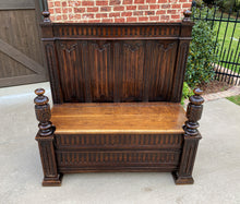 Load image into Gallery viewer, Antique French Bench Settee Gothic Revival Oak Lift Top Seat Storage Trunk 19C