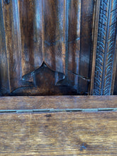 Load image into Gallery viewer, Antique French Bench Settee Gothic Revival Oak Lift Top Seat Storage Trunk 19C