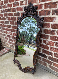 Antique English Mirror Carved Oak Frame Cherubs Trumpets Crown Wood Back