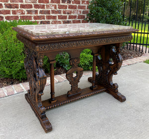 Antique French Sofa Table Marble Top Entry Foyer Console Oak Renaissance Cherubs