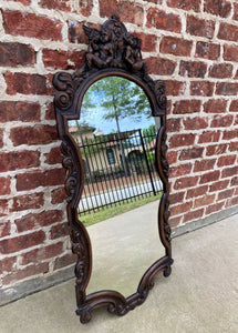 Antique English Mirror Carved Oak Frame Cherubs Trumpets Crown Wood Back