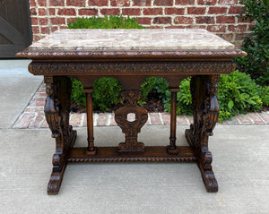 Antique French Sofa Table Marble Top Entry Foyer Console Oak Renaissance Cherubs