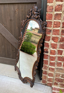 Antique English Mirror Carved Oak Frame Cherubs Trumpets Crown Wood Back