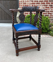 Load image into Gallery viewer, Antique English Corner Chair Oak Barley Twist Blue Leather Renaissance Revival