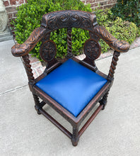 Load image into Gallery viewer, Antique English Corner Chair Oak Barley Twist Blue Leather Renaissance Revival