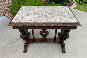 Antique French Sofa Table Marble Top Entry Foyer Console Oak Renaissance Cherubs