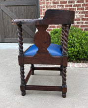 Load image into Gallery viewer, Antique English Corner Chair Oak Barley Twist Blue Leather Renaissance Revival
