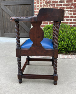 Antique English Corner Chair Oak Barley Twist Blue Leather Renaissance Revival