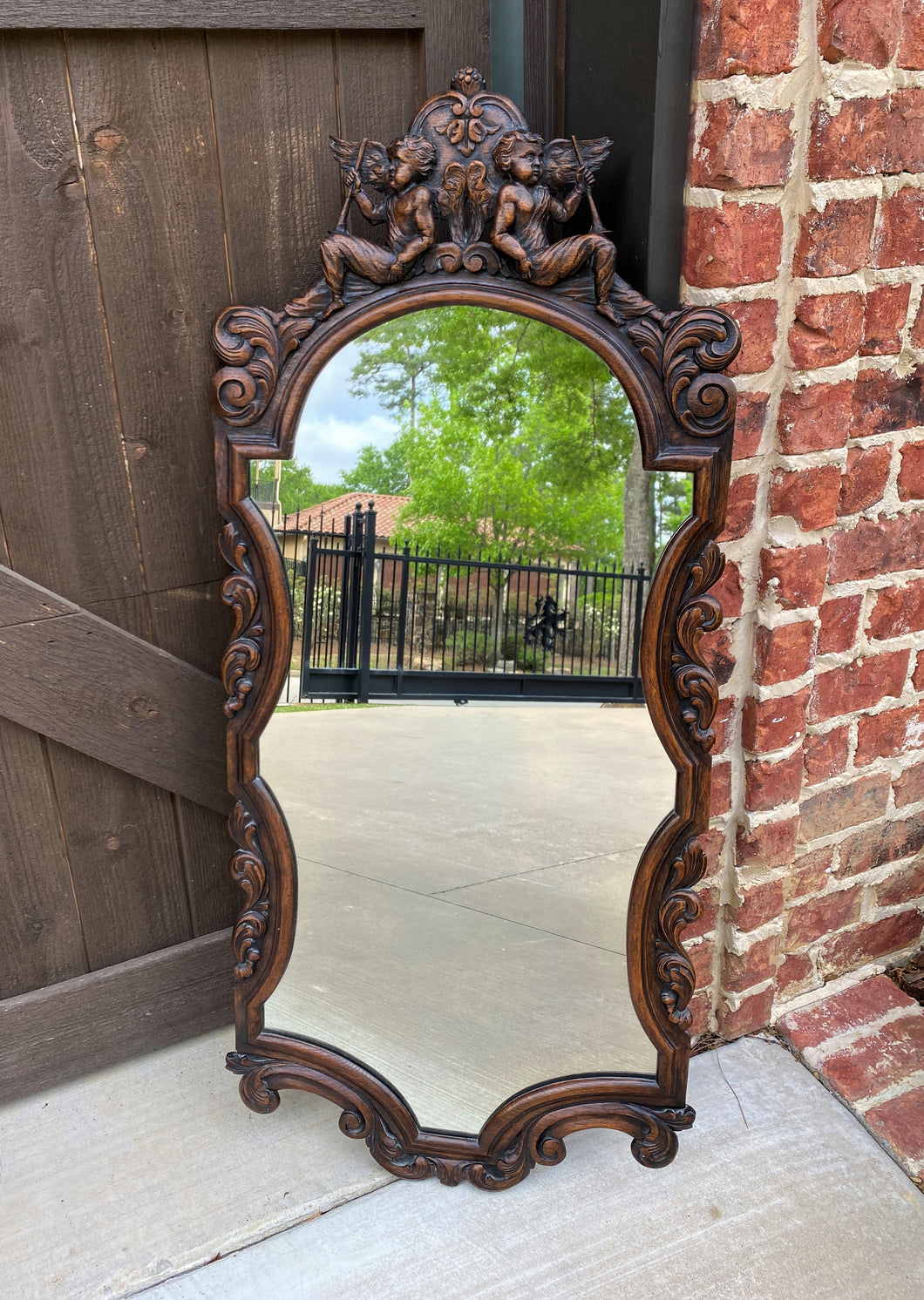 Antique English Mirror Carved Oak Frame Cherubs Trumpets Crown Wood Back