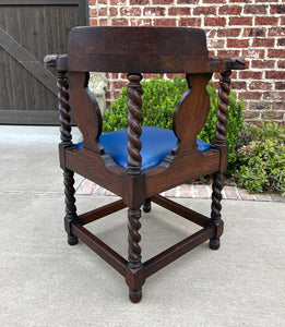 Antique English Corner Chair Oak Barley Twist Blue Leather Renaissance Revival