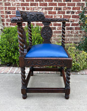 Load image into Gallery viewer, Antique English Corner Chair Oak Barley Twist Blue Leather Renaissance Revival