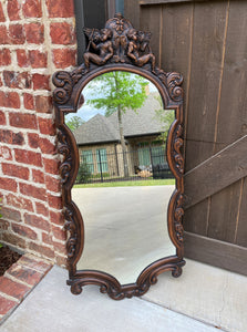 Antique English Mirror Carved Oak Frame Cherubs Trumpets Crown Wood Back