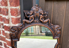 Load image into Gallery viewer, Antique English Mirror Carved Oak Frame Cherubs Trumpets Crown Wood Back