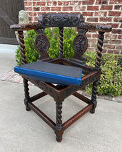 Load image into Gallery viewer, Antique English Corner Chair Oak Barley Twist Blue Leather Renaissance Revival