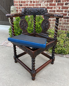 Antique English Corner Chair Oak Barley Twist Blue Leather Renaissance Revival